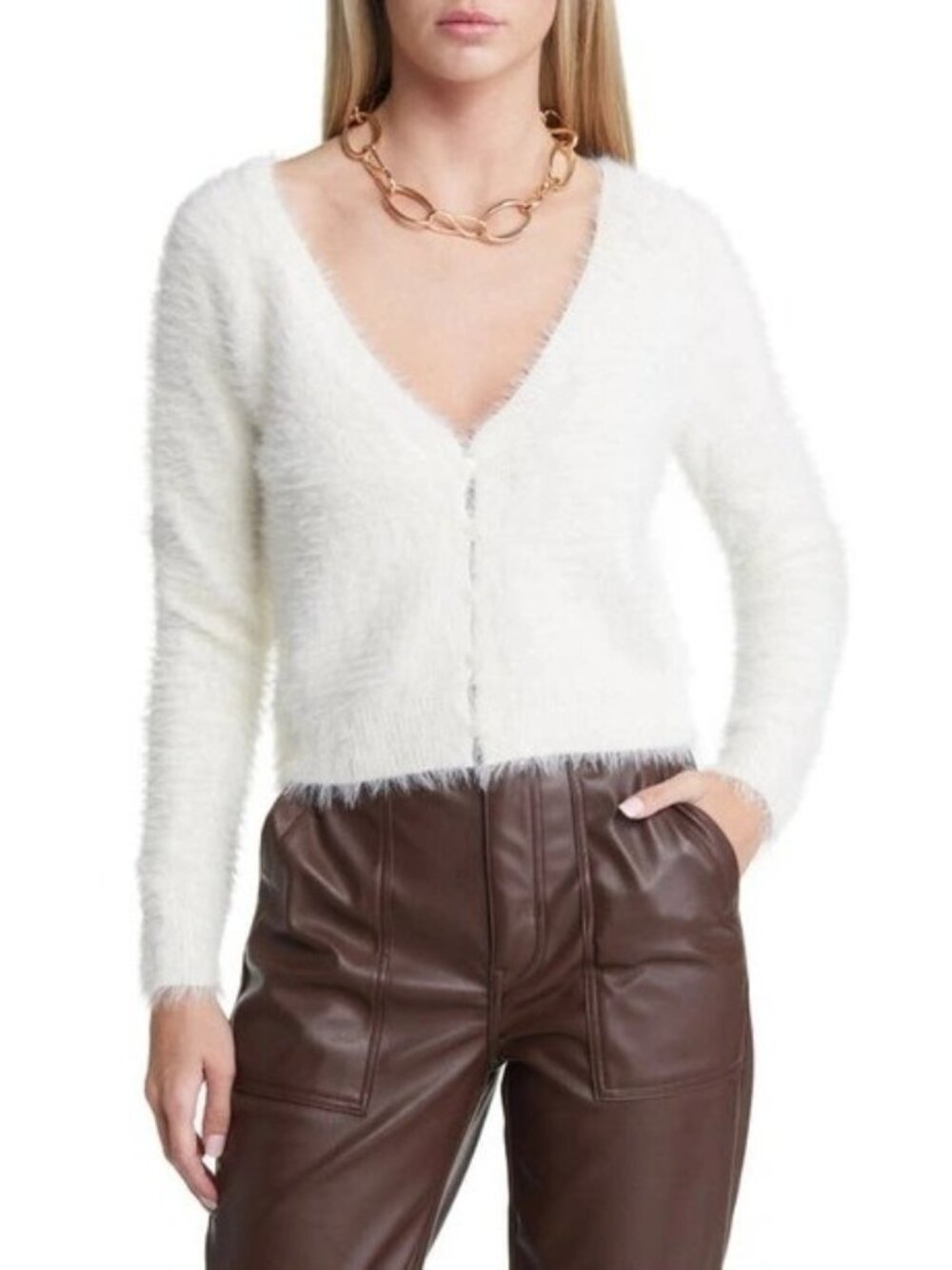 Open Edit Ivory Eyelash Fluffy Knit Cropped Cardigan